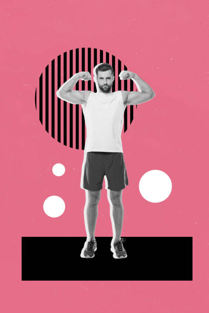 istock Composite trend artwork 3D image photo collage of copyspace young man handsome model posing strong muscle show biceps training exercise 2180588370