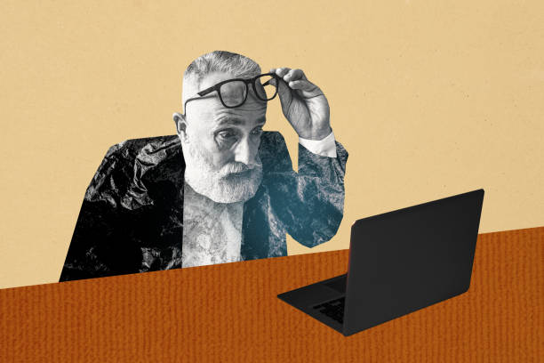istock Composite trend artwork sketch image photo collage of copyspace aged man office manager work open laptop watch eyewear up omg read news 2180588533