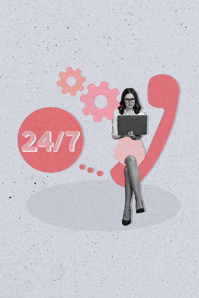 istock Trend artwork collage of help customer support service 24 7 landline phone call young lady sit work laptop worker office manager gear 2180588888