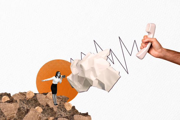 istock Sketch composite artwork collage of workspace office young lady landline phone call service megaphone proclaim propaganda paper trash 2180589115