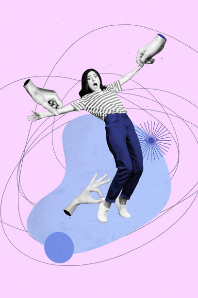 istock Composite trend artwork sketch image collage of monochrome  young lady keep balance confused face hand hold help support 2180589366