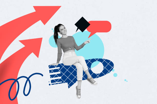 istock Creative picture collage young cheerful woman textbox message communication speech rocket launch flight achieve goal aim target up 2180589432