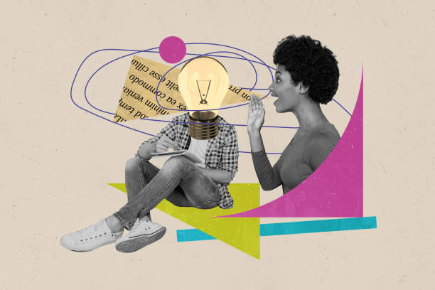 istock Trend artwork 3D sketch collage of young guy headless education university smart idea clever solution lamp lady student talk say 2180590152