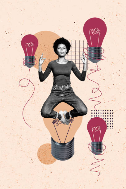 istock Vertical composite artwork collage image picture of mini girl fly meditate big light bulb isolated on creative background 2180590384
