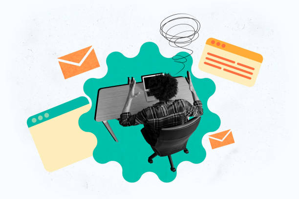 istock Composite photo collage of anonym man freelancer sit laptop receive message pressure workload app icon tab isolated on painted background 2180591233
