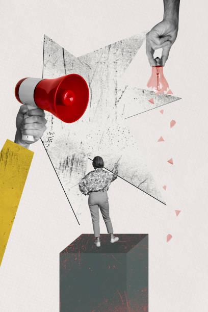 istock Composite trend artwork image collage of workspace aged woman stand back platform hand hold loudspeaker talk proclaim broken idea lamp 2180591377