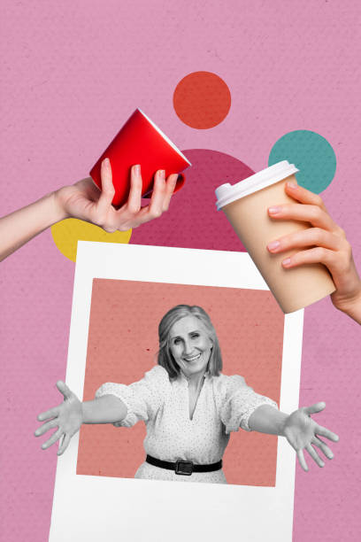 Composite trend artwork 3D sketch image photo collage of aged woman hugs hand gesture frame photo hold cup drink coffee mug togo beverage