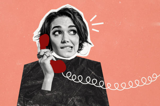istock Composite trend artwork sketch image collage of monochrome silhouette young lady confused timid face hand hold landline phone support line 2180592549