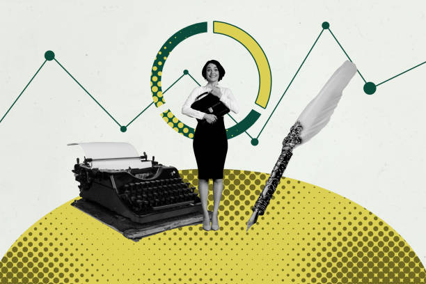 istock Creative retro 3d magazine collage image of happy smiling lady enjoying journalism work isolated yellow color background 2180592894