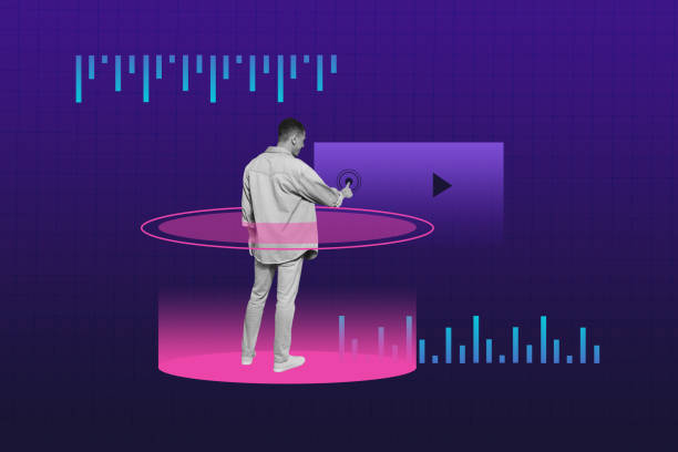 istock Composite trend artwork 3D sketch photo collage of cyberspace virtual simulation effect future young man touch display stand hologram 2180593325