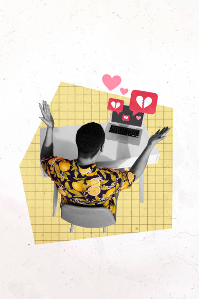 istock Vertical poster collage young man unpopular social media blogger table laptop digital device smm targetologist checkered background 2180593383