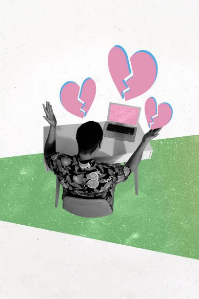Vertical collage young clueless man problem laptop digital device broken heart divorce girlfriend relationship issues drawing background