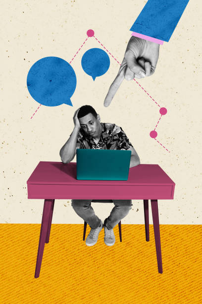 istock Vertical composite collage artwork image picture of arm point finger mini guy laptop isolated on creative background 2180593431