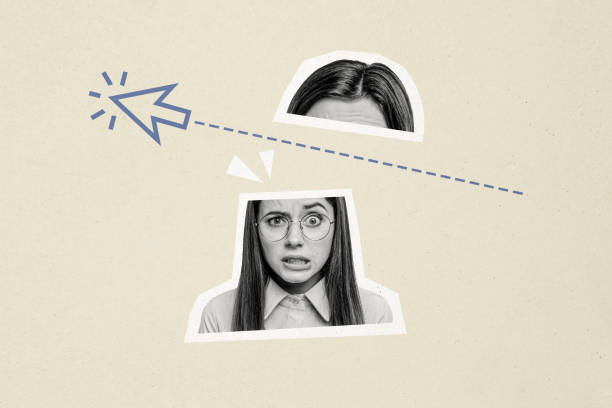 istock Composite trend artwork sketch image photo collage of webpage arrow pointer browse interface show way direction young lady confused face 2180593794