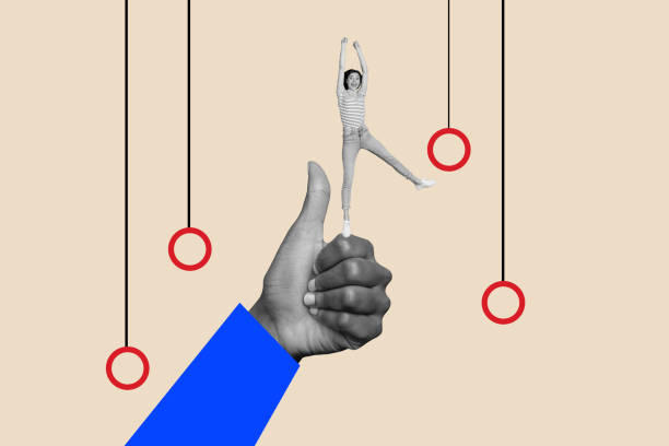 istock Composite trend artwork 3D sketch image photo collage of huge hand appear gesture thumb up like agree miniature young lady balance stand 2180593883