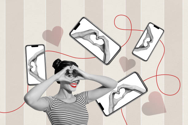 istock Creative collage image young cheerful woman pomade lipstick smartphone screen valentine day love amour sympathy hand gesture 2180594886
