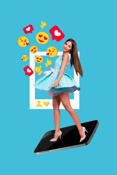 istock Composite trend artwork sketch photo collage of young lady stand smartphone display model posing fashion dress emoji face frame thumb like 2180595573
