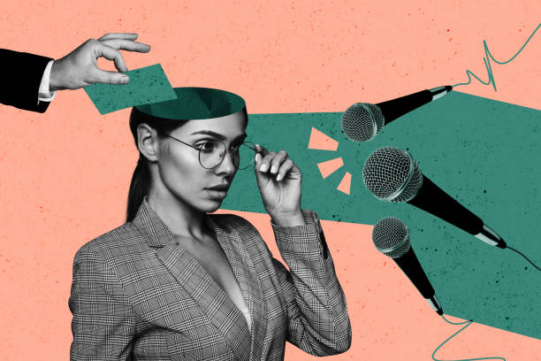 istock Composite collage artwork image picture of arm put paper girl head microphone interview isolated on creative background 2180595622