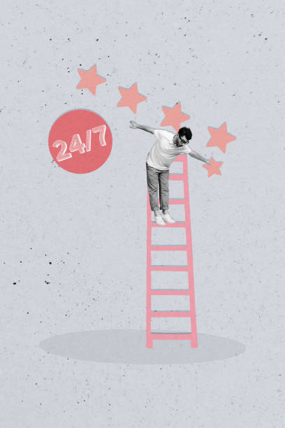 istock Trend artwork collage of help line customer support service 24 7 office manager call young man stand ladder balance omg star feedback 2180596304