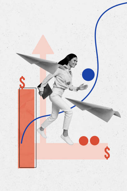 istock Composite trend artwork sketch image collage of graphics business trader arrow success up dollar young lady walk hold laptop paper message 2180596676