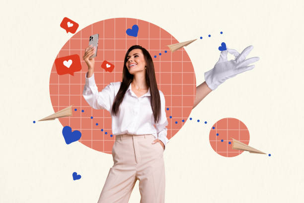 istock Creative collage young cheerful woman smartphone blogger communication messenger app correspondence like follow subscribe smm 2180596708