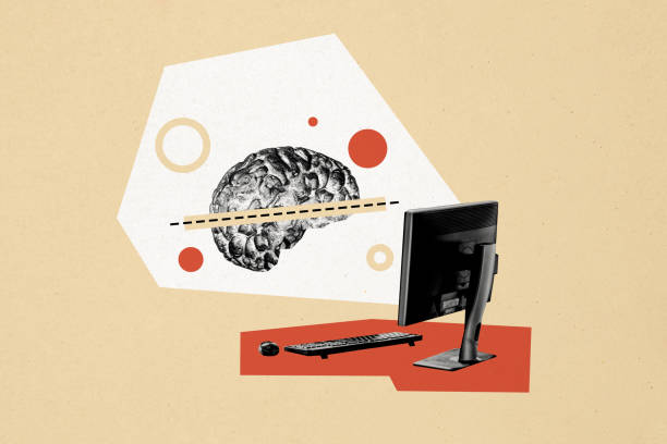 Composite photo collage of wise brain cortex artificial intelligence use pc device keyboard mouse monitor isolated on painted background stock photo