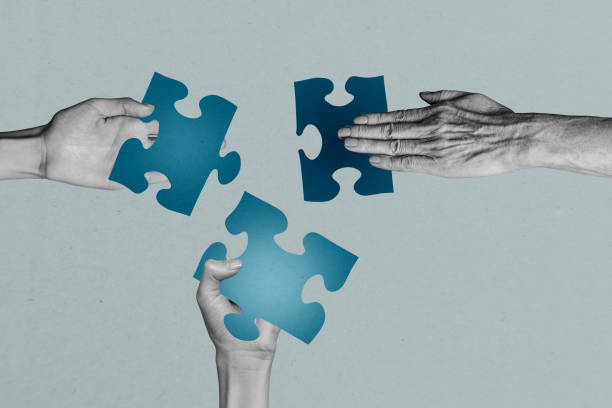 istock Composite photo collage of hands hold puzzle segment piece business partners project team jigsaw tactics isolated on painted background 2180597381