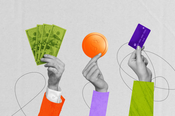 istock Composite trend artwork 3D sketch image collage of group human businesspeople huge hand gesture finger hold money bank credit card coins 2180597387