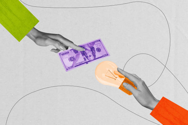 istock Composite trend artwork 3D sketch image collage of human businesspeople huge hand gesture finger hold money banknote reach idea lamp buy 2180597468