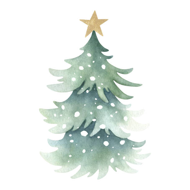 istock Christmas tree snow-covered with festive golden star decoration on top. Hand drawn watercolor isolated illustration for Happy New Year greeting cards template, stickers, festive packaging and designs 2180598346