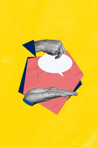 istock Vertical photo collage of hands hols text box bubble communication concept dialogue message phrase isolated on painted background 2180598458