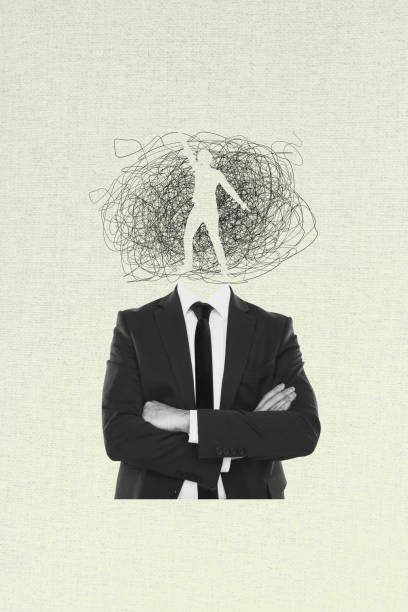 istock Composite trend artwork sketch image collage of mess line doodle caricature illustration headless man stand wear suit dream person dance 2180598758