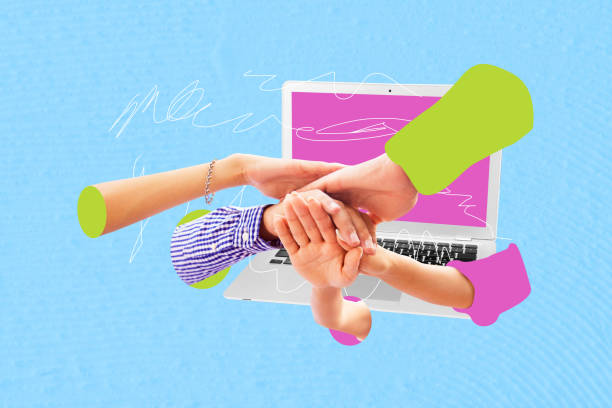 istock Composite trend artwork sketch image photo collage of hand wrist appear hole gesture unity together cooperation group laptop remote 2180598789