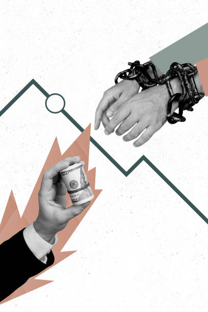 istock Composite trend artwork sketch image photo collage of graphics business trader hand wrist wear chain jail trap work money roll motivation 2180598921