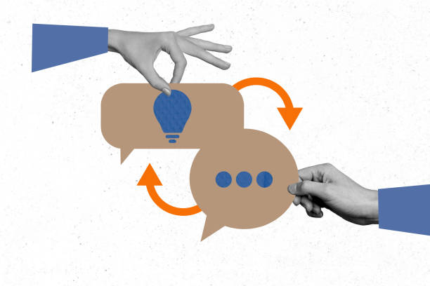 istock Composite photo collage of hands exchange light bulb remorseful icon power text box communication concept isolated on painted background 2180598960