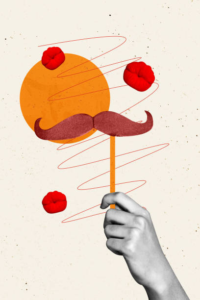 istock Vertical composite artwork collage image picture of arm hold mustache stick lips kiss isolated on creative background 2180599082