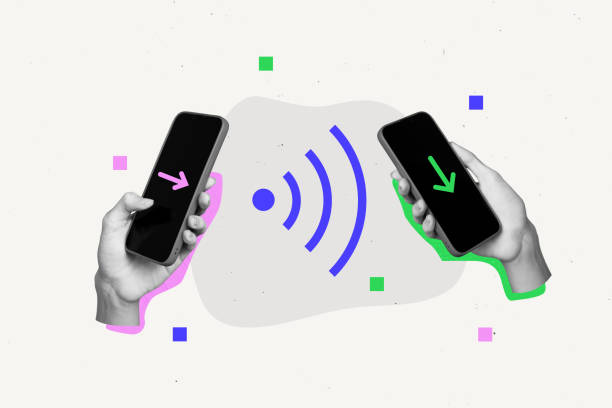 istock Composite photo collage of hands hold phone devices wifi connection arrow send transfer technology isolated on painted background 2180599225