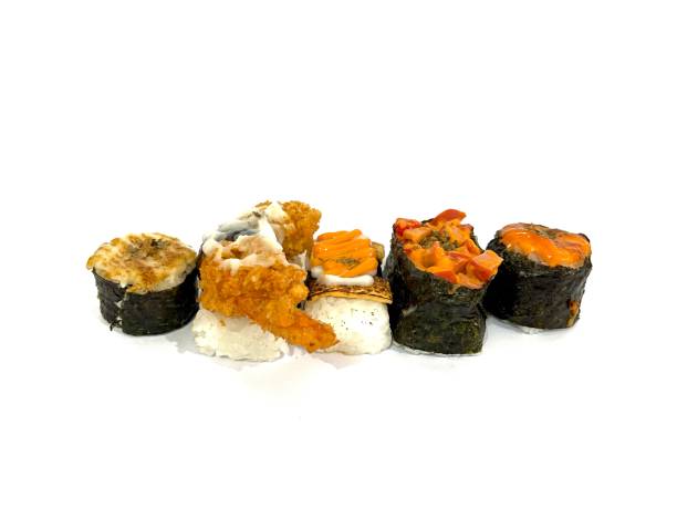 istock Assorted sushi nigiri and maki row set isolated on white background 2180617676