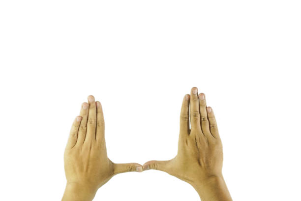 asian man made hand sign from emoji in keyboard on solid white background