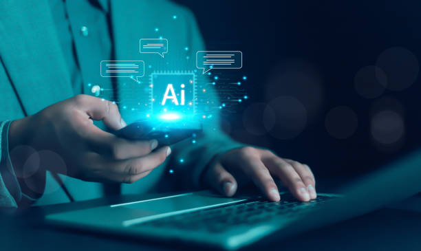 istock Chatting with AI or Artificial Intelligence Young Businessman Chatting with Smart AI Technology Concept AI Chatbot Intelligent Robot Management System To Create Change in the Future Chatbot Business 2180646427