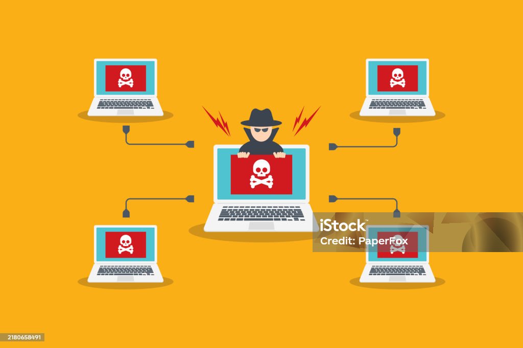 Hackerman With Many Computers Hacker Attack On Multiple Connected Computers Stock Illustration ...