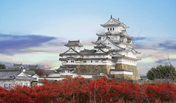 HIMEJI, JAPAN - November 20, 2017: Red maple leaves in autumn and Himeji Castle with evening sky in Himeji city Hyogo Prefecture of Japan.