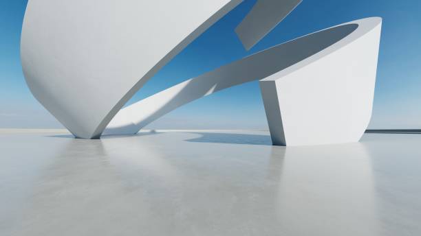 istock 3d render of white futuristic architecture, abstract circle structure with empty concrete floor 2180669401