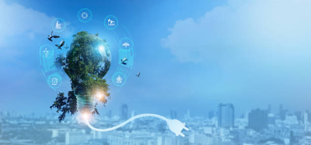 istock Light bulb with green tree inside with energy resources icon. Electricity and energy saving concept. Sustainable development, ecology and environment protect, Earth day, Renewable energy and recycling 2180677483