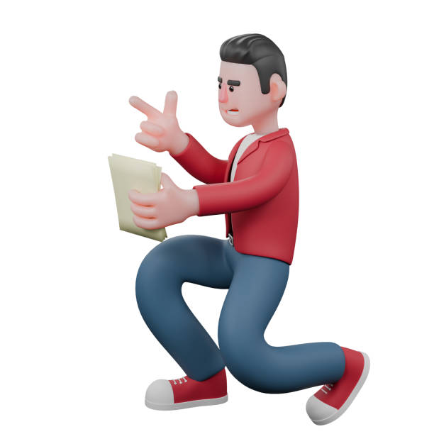 istock 3D Vocalist Character. A male singer is squatting while carrying a lyric book while giving a gun finger symbol. Singing Star Design 2180678033