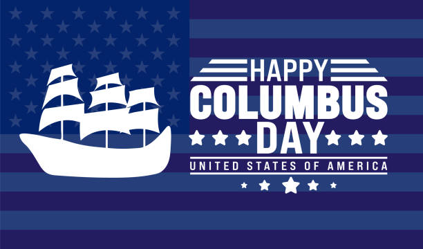 istock Happy Columbus Day background or banner design template with Columbus sailing ship. Columbus Day Celebration background with USA flag. 2180678896