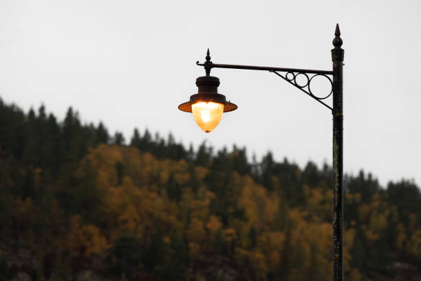 Illuminated street lamp in the early morning in the Highlands of Scotland