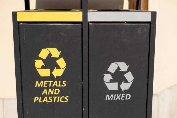 istock Recycling concept. Waste management banner. Waste segregation. Separation of waste. Sorting waste for recycling. Modern colorful refuse bins for separate trash. Environmental consciousness lifstyle. 2180688413
