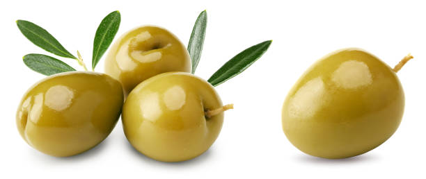 istock green olives with green leaves isolated on white background. clipping path 2180694908