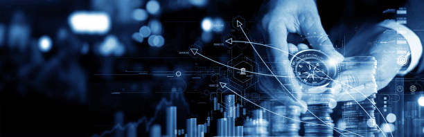istock Businessman holding a navigation compass in hand and define investment direction and analysis growth stock market and banking,  financial on global network. strategy and plan of invest marketing. 2180694933